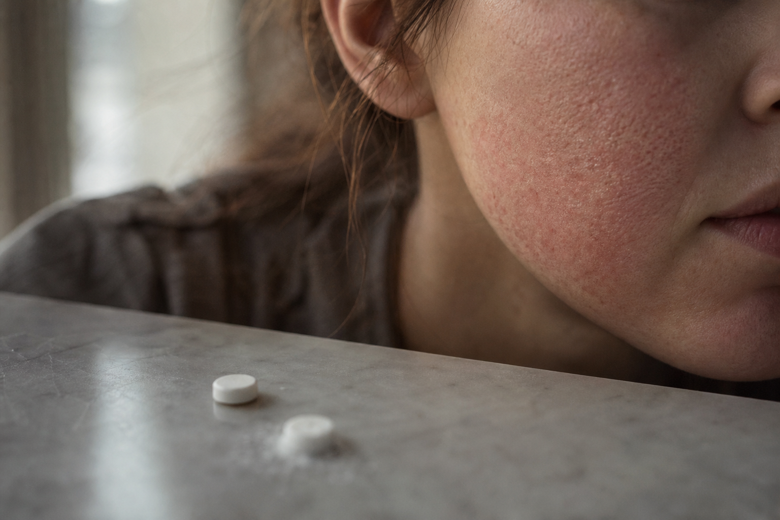 Flushed rosacea-affected cheek in raking window light, two identical antihistamine tablets in foreground, one sharp, on