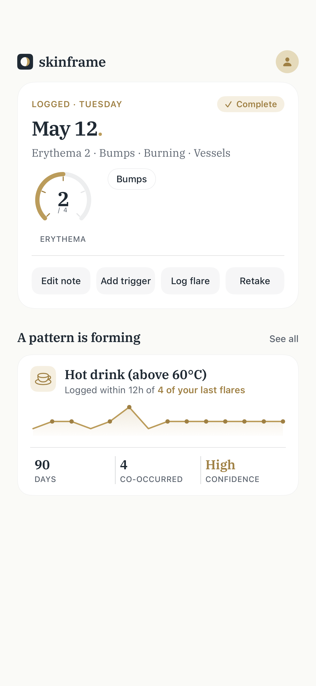 Skinframe on iPhone showing the daily check-in